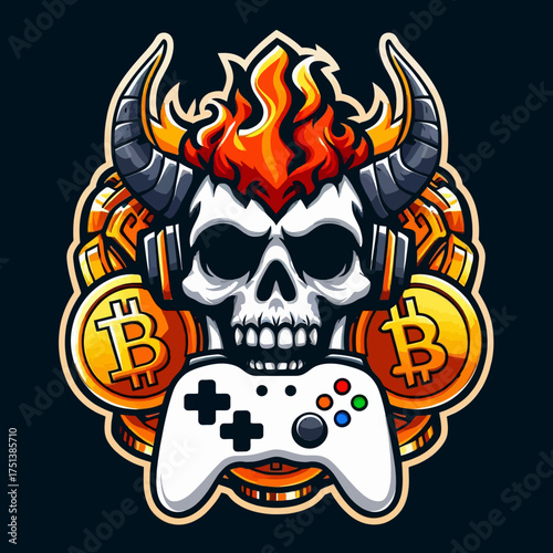 Dynamic gaming crypto skull mascot logo on white background. Bold emblem design perfect for stickers, vector illustration blending fierce vibes with blockchain flair for gamers and crypto enthusiasts.