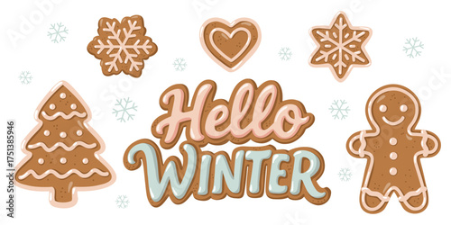 Hand drawn winter cookies set with gingerbread man, heart, tree and snowflakes. Cartoon vector illustration on white background. 
