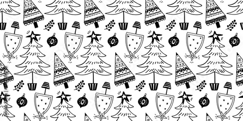 Seamless hand drawn Christmas pattern with doodle trees and ornaments. Outline vector background. 