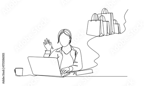 Woman with laptop computer and shopping bags in one continuous line drawing. Symbol of online shopping in simple linear style