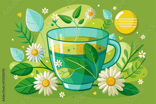 vector of Eco product Chamomile tea in a glass cup Eco product represents sustainability, Eco product promotes healthy living, Eco-friendly product fits the food and green brand