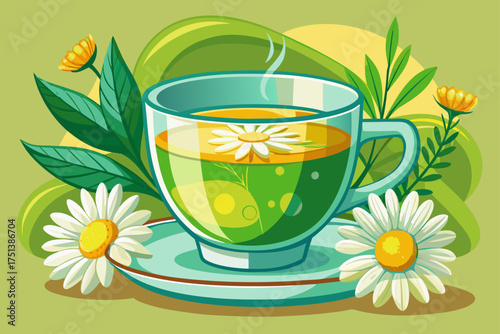 vector of Eco product Chamomile tea in a glass cup Eco product represents sustainability, Eco product promotes healthy living, Eco-friendly product fits the food and green brand