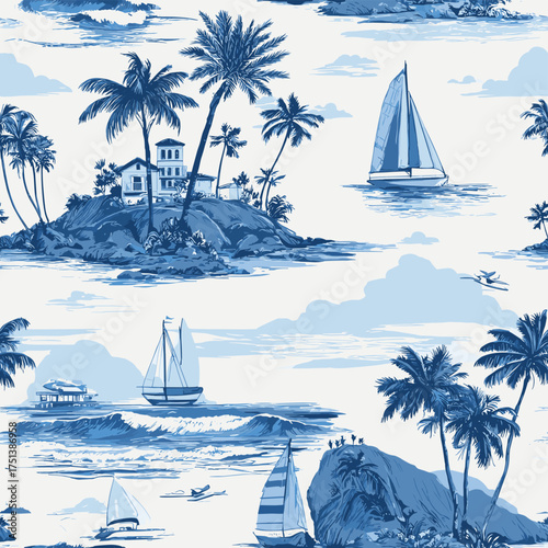 Seamless Hand Drawn San Diego Coastal Motifs with Palm Trees Waves and Spanish Architecture in Monochrome Blue for Trendy Fabrics 