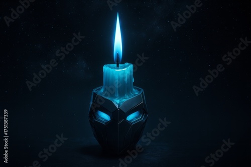 Cyberpunk Mask Candle With Blue Flame In Space