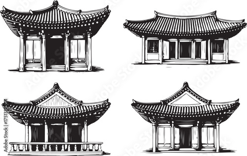 Hand-Drawn Asian Architecture: Set of Traditional Korean Pagoda and Pavilion Sketches