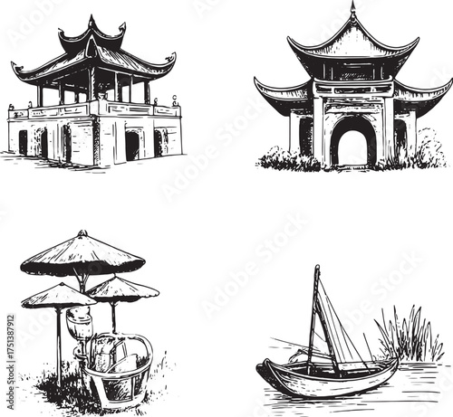 Vietnamese Culture Collection: Hand-Drawn Temples, Street Vendors, and Traditional Boat