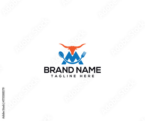 Modern Culinary Emblem: A sophisticated logo design, incorporating a stylized bull, fork, and spoon, representing a dynamic fusion of culinary creativity and traditional values. 