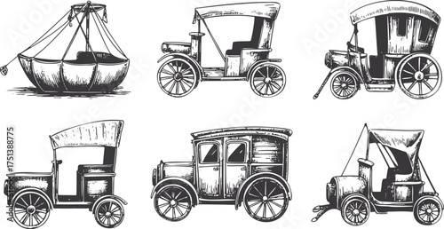 Historical Transport Innovations: Vintage Hand-Drawn Icons of Classic Cars and Flying Machine
