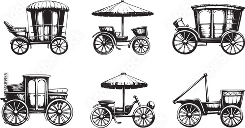 Classic Engraving Style: Set of Six Vintage Black and White Coach and Phaeton Illustrations