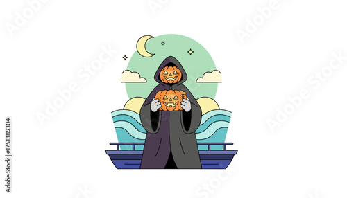 Spooky pumpkin character on a boat at night celebrating Halloween or a mystical journey