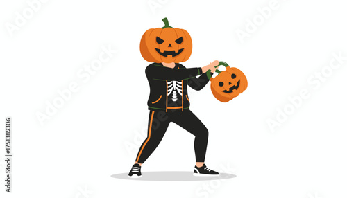 Person in Halloween pumpkin costume and skeleton outfit holding a candy bucket for trickortreating