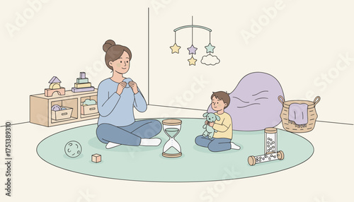 Smiling mother and child bonding during an educational play session at home