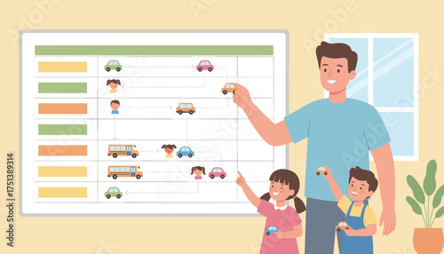Adult and children planning routes on a visual board understanding transportation logistics