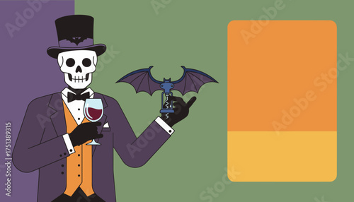 Dapper skeleton in a top hat holds a glass of wine and bat corkscrew for a Halloween party