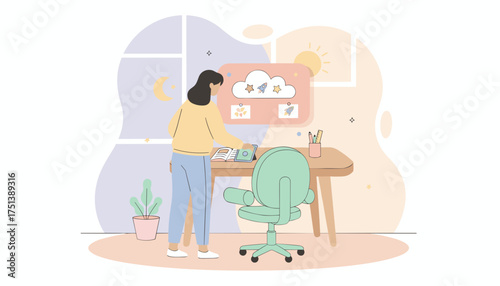 Woman planning ideas at desk using tablet and book in a creative home office setting