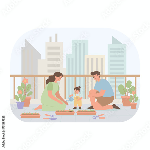 Family on urban rooftop garden bonding over planting and watering seedlings