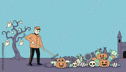 Cartoon person raking Halloween candy pumpkins and skulls Festive holiday illustration