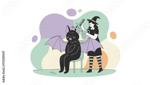 Witch giving a haircut to a bat a whimsical and funny Halloween grooming scene