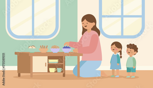 Happy family preparing healthy snacks at home promoting child care and wellness