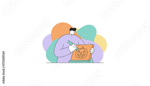 Man carving a Halloween pumpkin into a jackolantern Seasonal holiday activity and craft