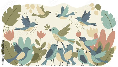 Flock of stylized birds flying and perching in a serene garden with colorful plants Natures harmony