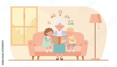 Grandmother reads stories to happy grandchildren at home fostering imagination and family bonding