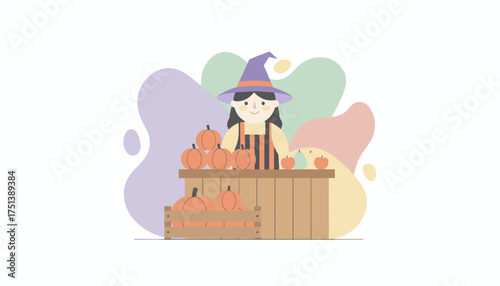 Smiling vendor in witch hat at farm stand with pumpkins and fresh fruit Fall harvest concept