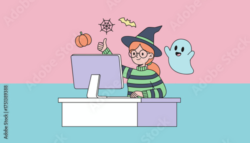 Happy witch giving thumbs up at computer with Halloween decor perfect for festive digital content