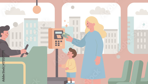 Mother and child pay for city bus ride with card showcasing urban family travel and cashless payment