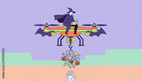Witch flying a drone delivering Halloween candy Modern trickortreat concept