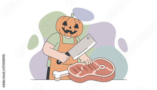 Halloween themed butcher illustration preparing meat Scary holiday cooking concept
