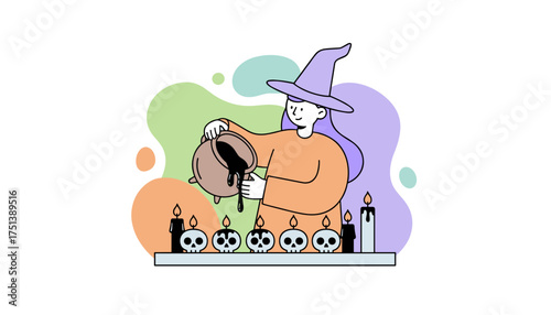 Witch pouring from cauldron onto skull candles Halloween magic spooky celebration