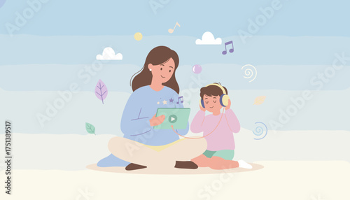 Mom and child share a tablet for music and learning fostering connection and digital education