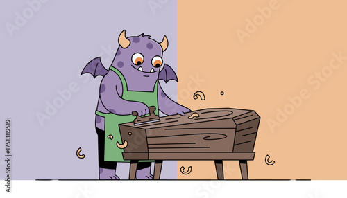 Friendly monster diligently planing a wooden coffin showcasing unique craftsmanship and creativity