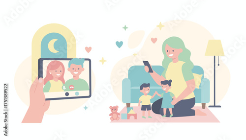 Happy family video call mother and kids connect with loved ones remotely