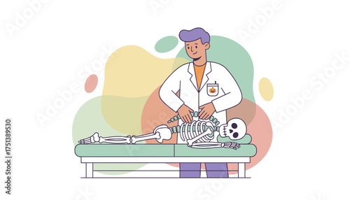 Physician adjusting skeletons spine Chiropractic care physical therapy medical education