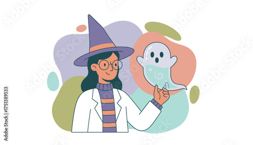 Smiling witch scientist with glasses holds a ghost potion Halloween magic and science concept