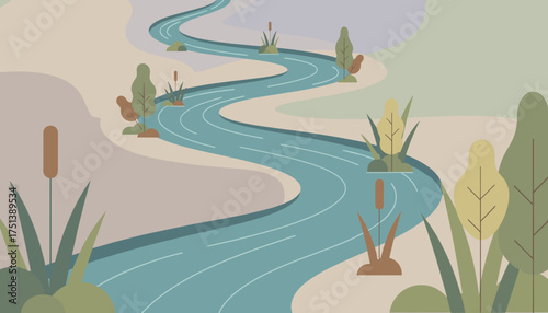 Winding river through a serene landscape with lush plants and soft tones