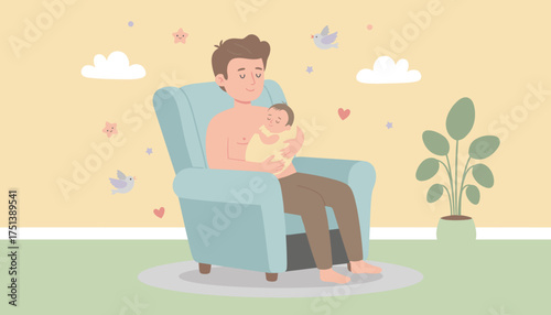 Loving father holding his swaddled newborn baby in a cozy nursery armchair depicting family bond