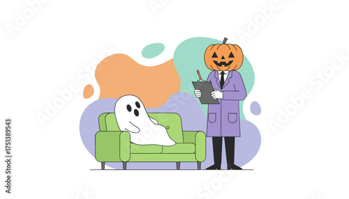 Ghost patient on couch talking to pumpkinhead therapist Halloween mental health support