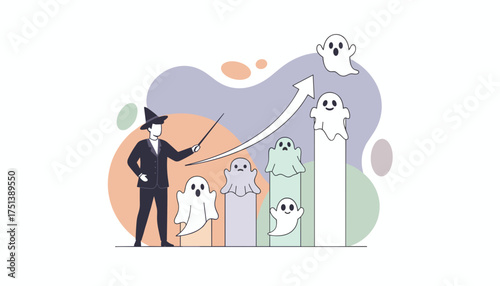 Wizard guides ghosts on rising bar chart symbolizing overcoming challenges and growth Halloween business concept