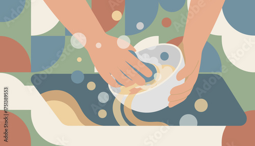 Hands washing dishes with a sponge and soap suds Everyday hygiene and domestic routine