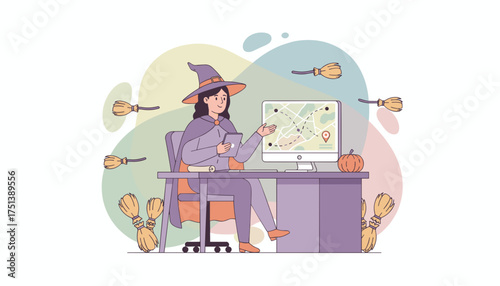 Halloween witch plans her broomstick journey on a computer map blending magic  tech