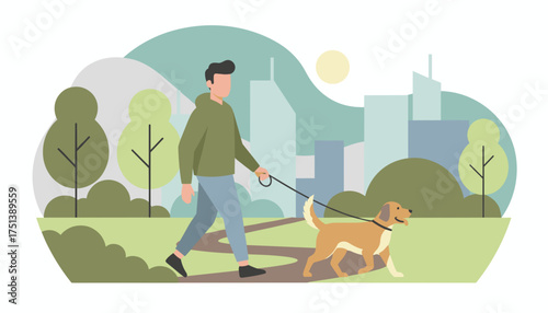 Man walking his dog in a city park illustrating leisure pet ownership and urban lifestyle
