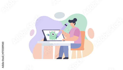 Illustrator drawing a cheerful monster character on a digital tablet with a stylus Creative design