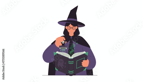 A witch in glasses stamps a magical book casting a spell with green smoke Halloween fantasy