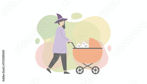 Cute witch mom pushes a stroller filled with happy little ghosts Halloween fun and family concept