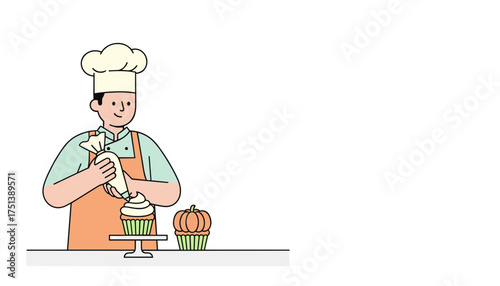 Smiling baker decorating cupcakes with a piping bag Perfect for food bakery or dessert concepts
