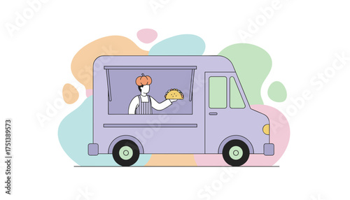 Food truck vendor with a pumpkin hat offering a delicious taco Mobile culinary business concept