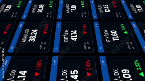 A dynamic motion graphic of a digital trading dashboard with stock data, displayed with an engaging perspective and movement.